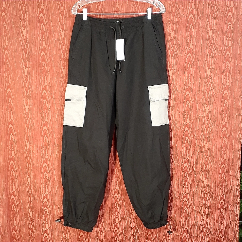 NEW LOOK 34 Patched Cuff Cargo  Black Streetwear Jogger Pants UNISEX Size Small